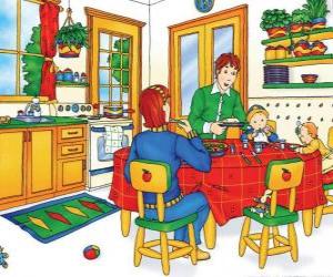 Puzzle Caillou και την οικογένειά του φαγητό στην κουζίνα